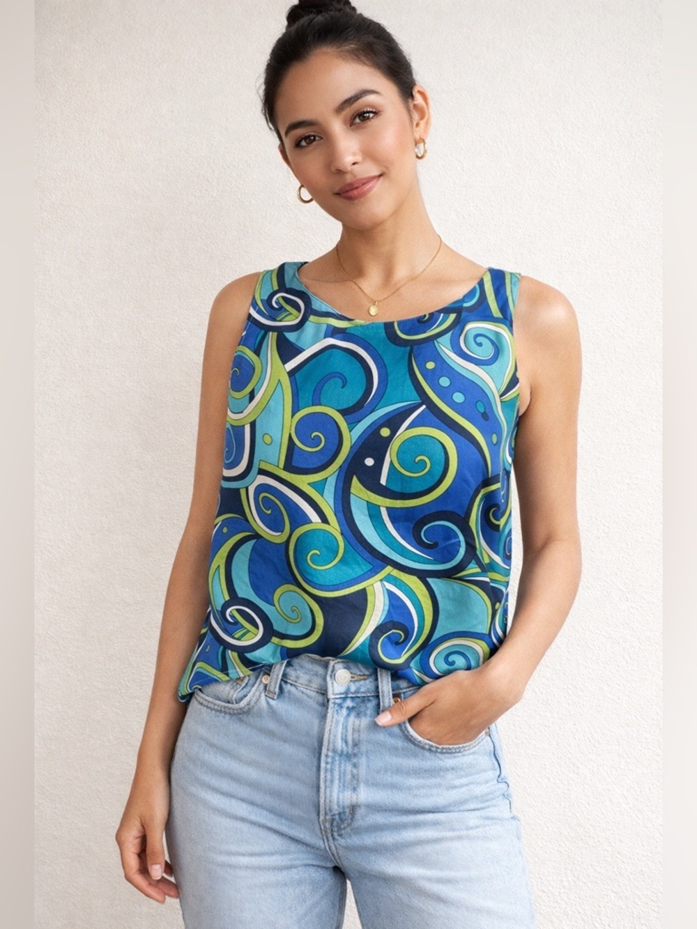 Vintage Silk Abstract Print Blouse Blue Green Y2K Artsy Coastal Chic